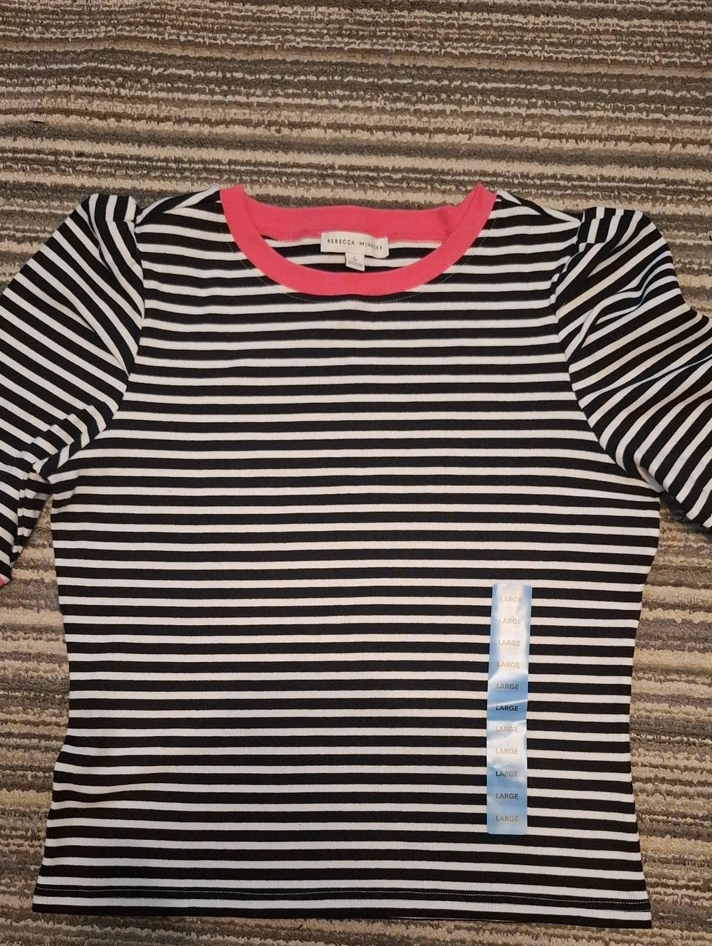 Rebecca Minkoff Black & White Striped Top with Pink Trim